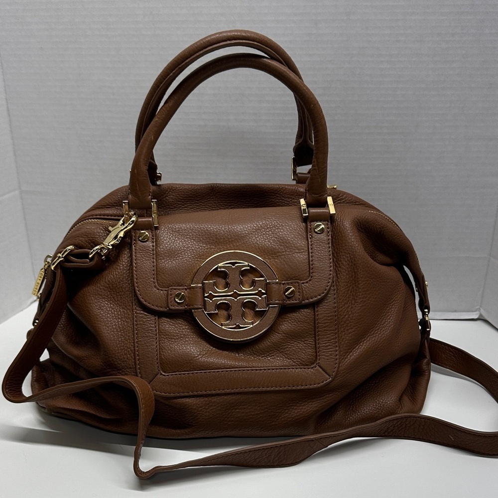 Tory Burch Amanda Satchel Purse Leather Handbag Crossbody Bag Tan Brown Gold
